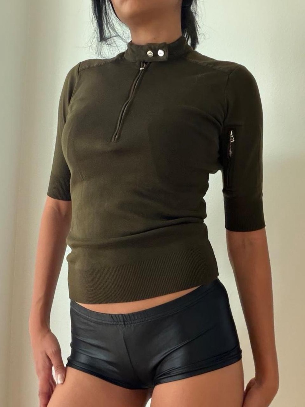 Ralph Lauren Olive Short-Sleeve Mock Neck Knit Top with Zip